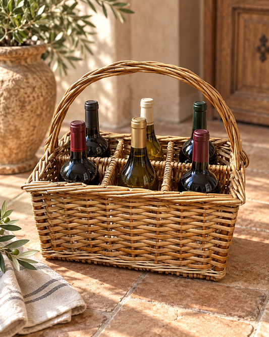 Vintage Portuguese Woven Wine Bottle Basket — Six-Bottle Carrier