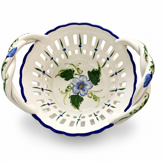 Vintage RCCL Portugal Hand-Painted Pierced Ceramic Basket — Blue & Green Floral