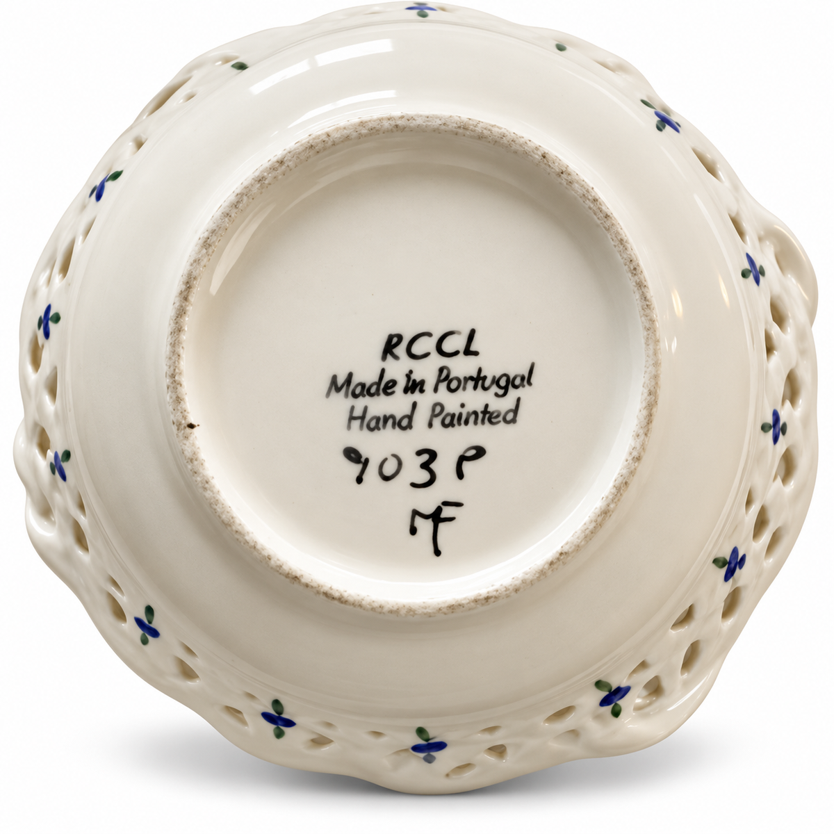 Vintage RCCL Portugal Hand-Painted Pierced Ceramic Basket — Blue & Green Floral