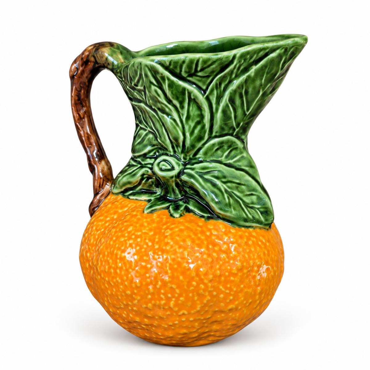 Vintage Portuguese Orange Majolica Pitcher — Hand-Painted Ceramic Fruit Jug