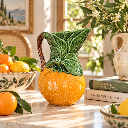 Vintage Portuguese Orange Majolica Pitcher — Hand-Painted Ceramic Fruit Jug