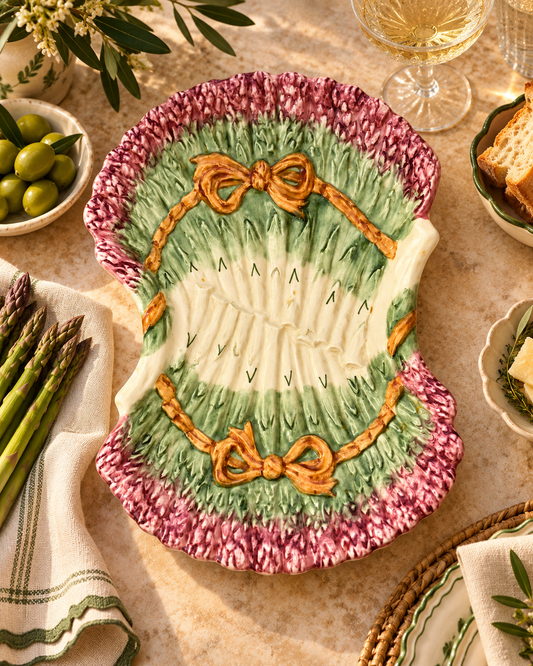 Vintage Olfaire Portugal Asparagus Serving Platter — Pink, Green & Golden Bow Majolica