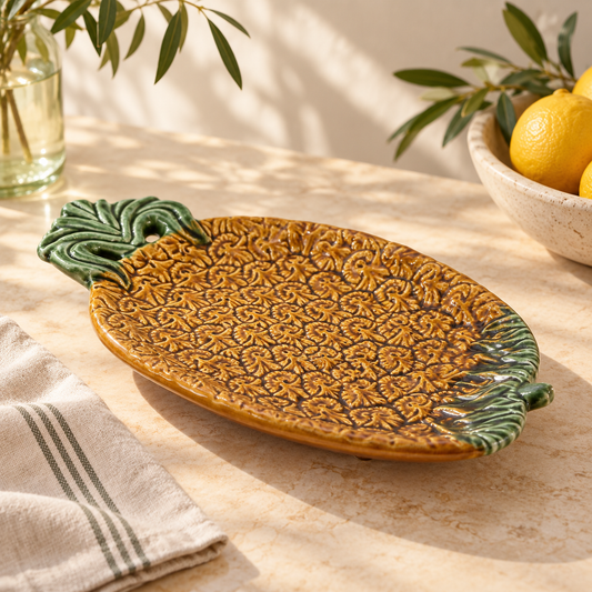 Vintage Olfaire Portugal Pineapple Serving Dish 6722 — Golden Yellow & Green Majolica-Style Pottery