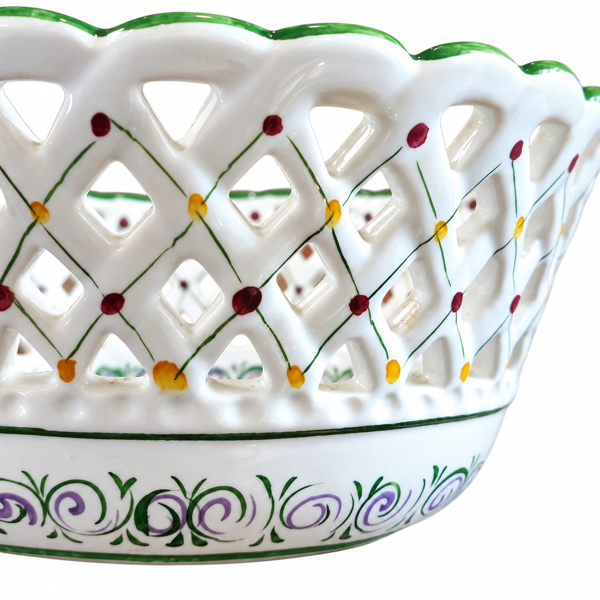 Vintage Neuwirth Portugal Reticulated Fruit Bowl — Hand-Painted Green & White Porcelain