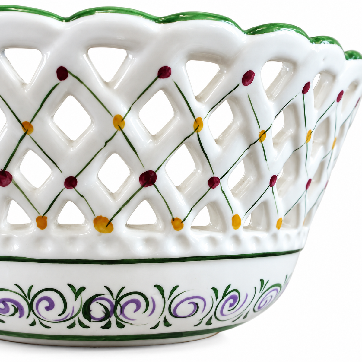 Vintage Neuwirth Portugal Reticulated Fruit Bowl — Hand-Painted Green & White Porcelain