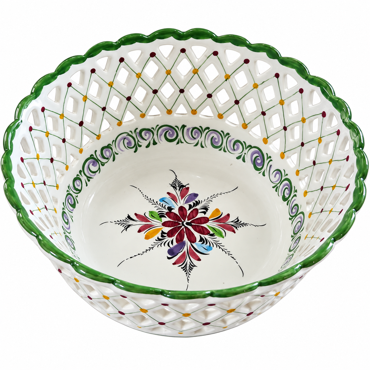 Vintage Neuwirth Portugal Reticulated Fruit Bowl — Hand-Painted Green & White Porcelain