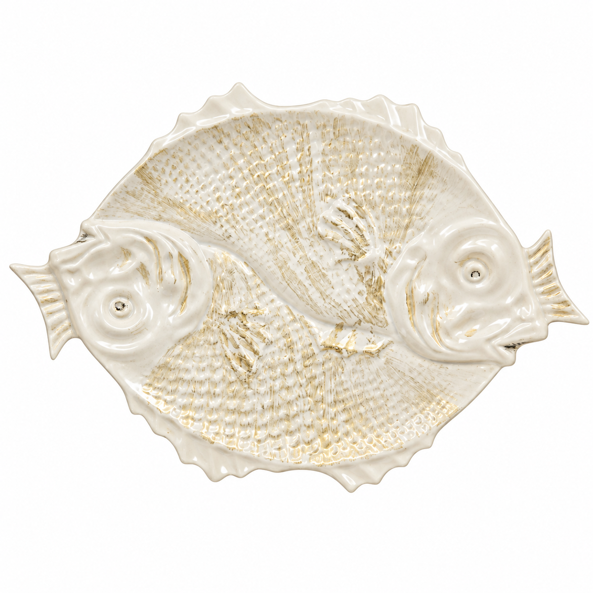 Vintage Bordallo Pinheiro Double Fish Platter — White Portuguese Majolica, 15.5"