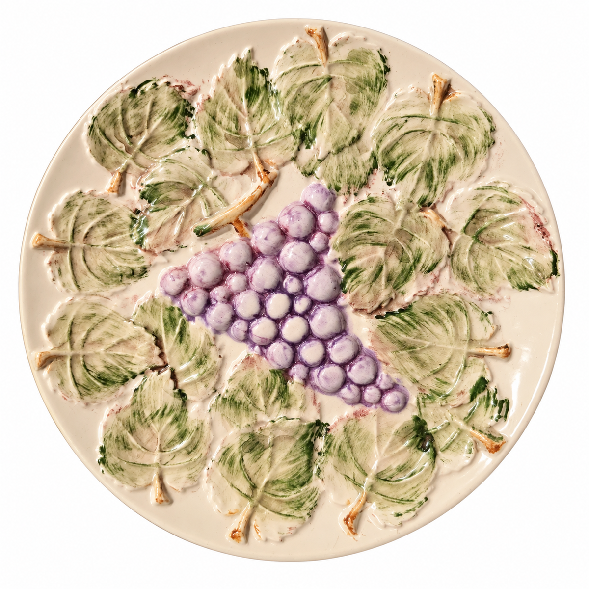 Vintage Neuwirth Portugal Majolica-Style Fruit Plates — Pear, Grapes & Stone Fruit, Set of 3