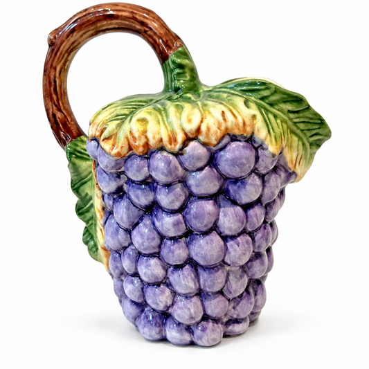 Vintage Portuguese Majolica Grape Cluster Pitcher — Hand-Painted Ceramic Jug, 9.25"