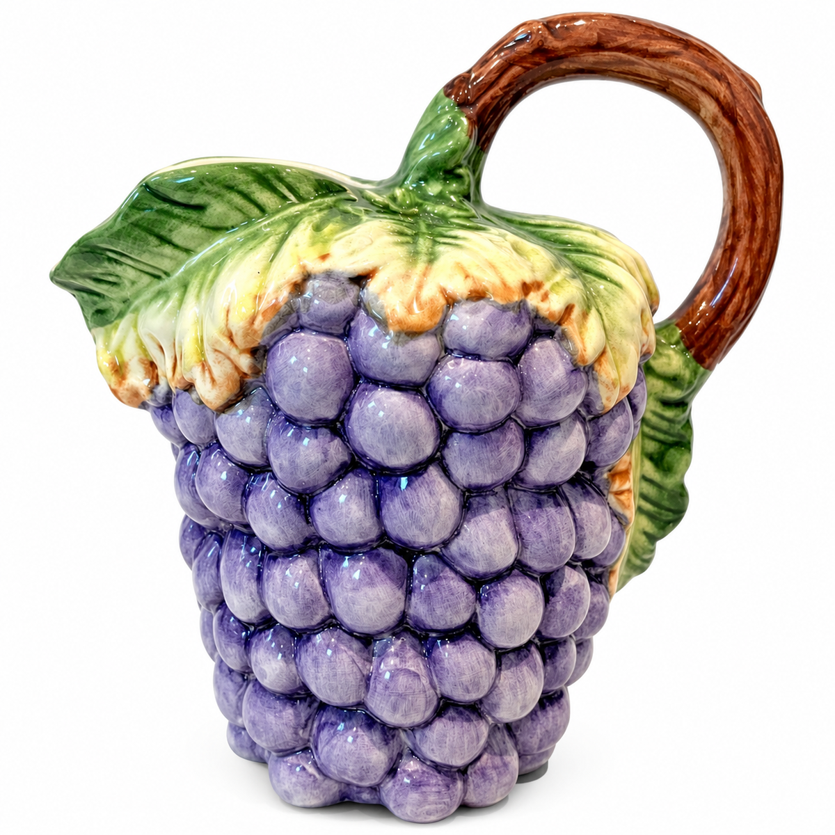 Vintage Portuguese Majolica Grape Cluster Pitcher — Hand-Painted Ceramic Jug, 9.25"