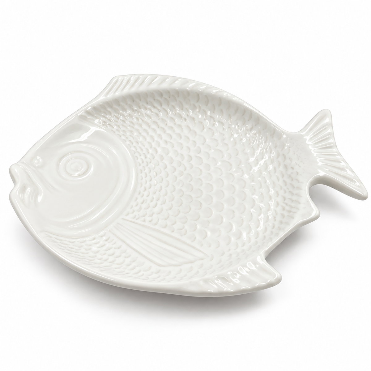 Vintage Portuguese White Ceramic Fish Serving Bowl — Sculptural Textured Dish