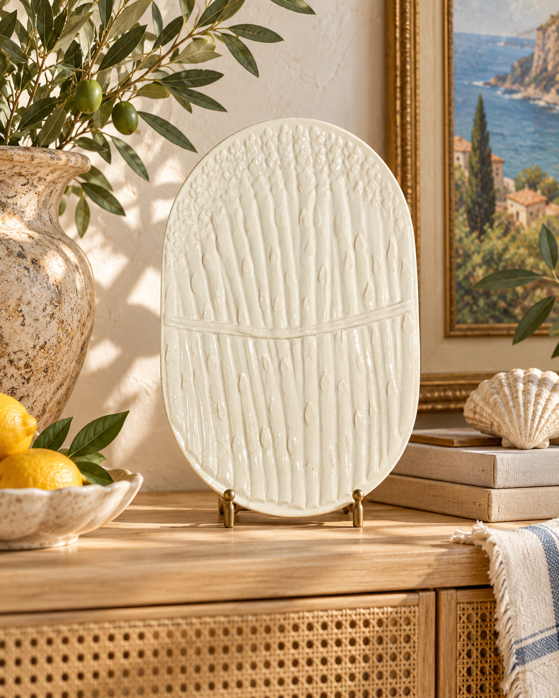 Vintage Loucarte Portugal White Asparagus Serving Platter — Sculptural Majolica