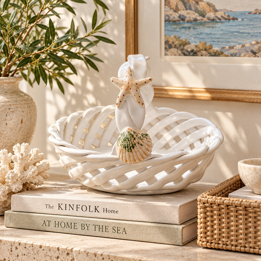 Vintage Portuguese Ceramic Seashell Basket — Cream Shell-Form Planter / Catchall