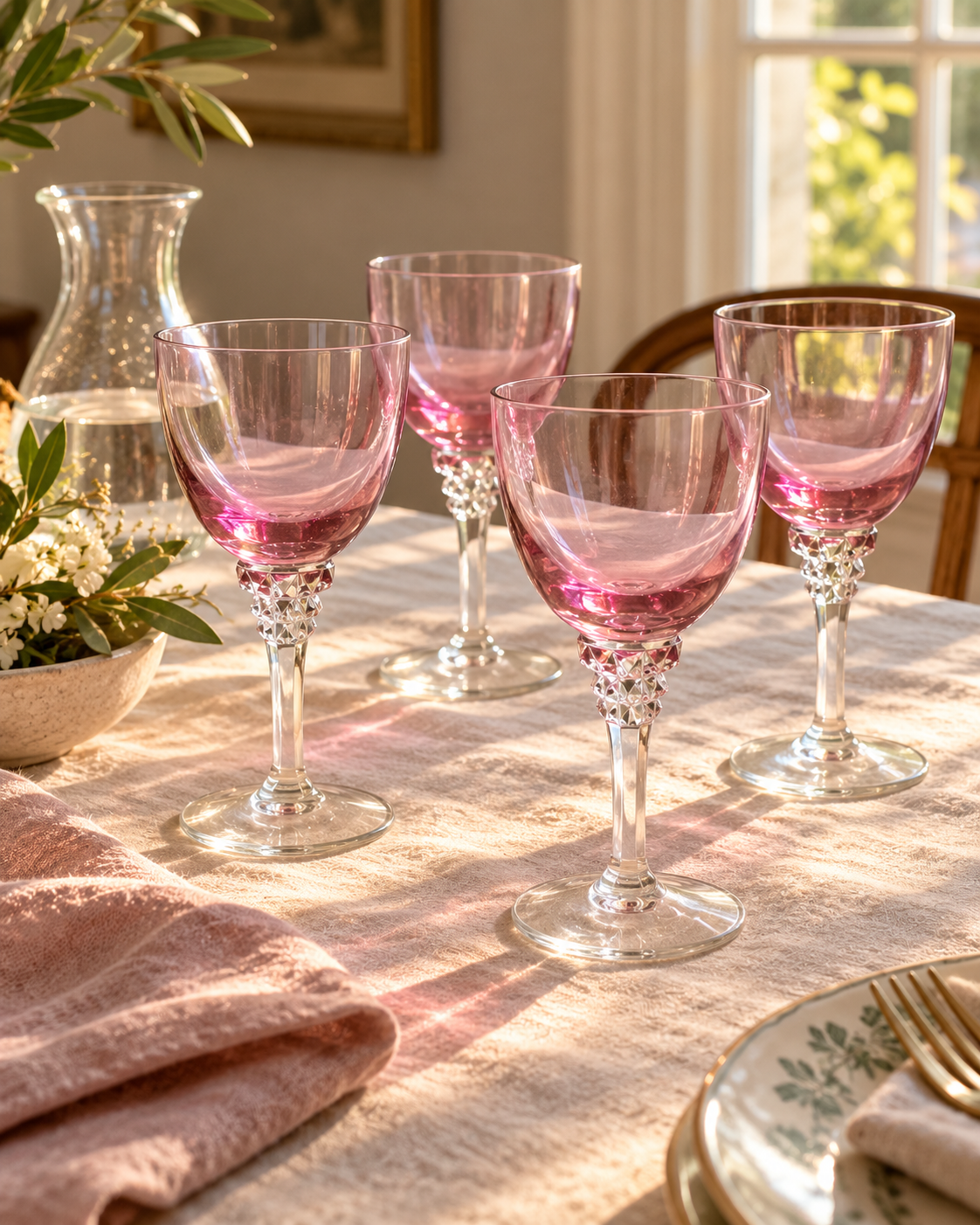 Vintage 1970s Portuguese Pink Amethyst Wine Goblets — Sets of 4, 6 or 10