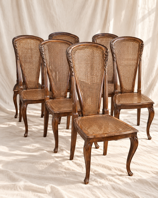 Set of 8 Vintage French Provincial Carved Wood & Cane Dining Chairs