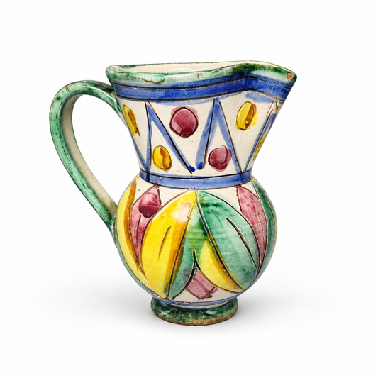 Vintage Hand-Painted Multicolor Ceramic Pitcher — Petite Folk Art Jug