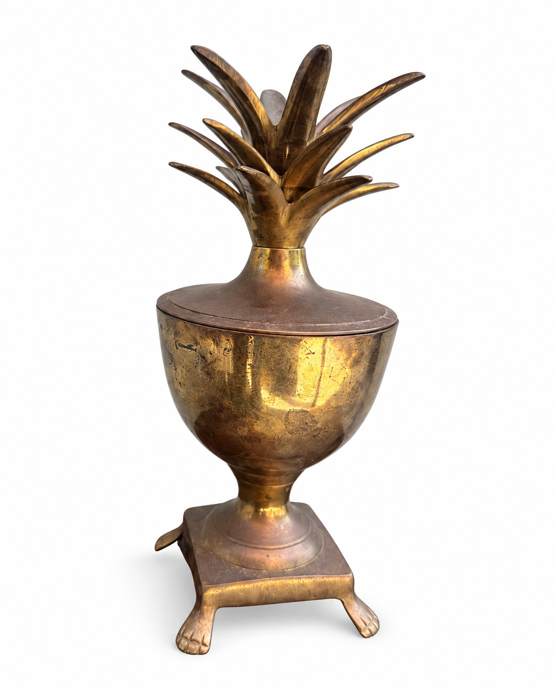 Vintage Brass Pineapple Lidded Urn on Paw Feet, c. 1970s