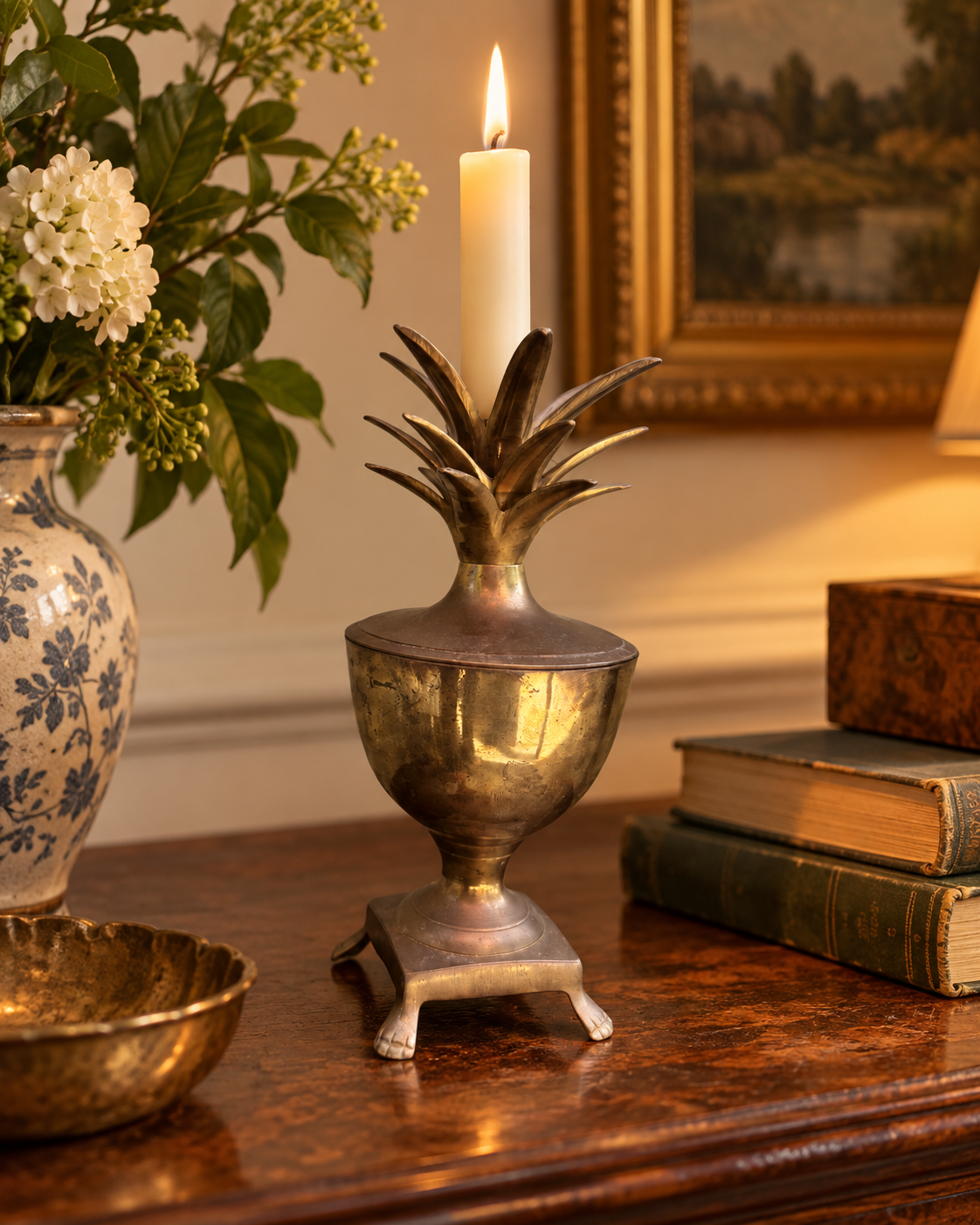 Vintage Brass Pineapple Lidded Urn on Paw Feet, c. 1970s