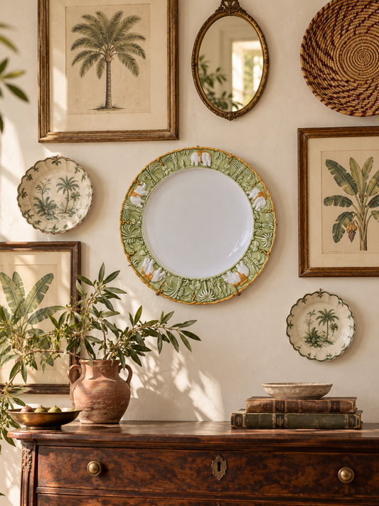 Vintage Italian Majolica Elephant Plate | Sage Green Jungle Relief, 12”