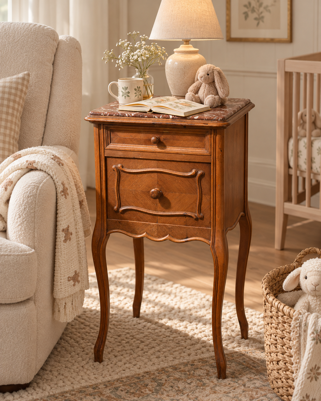 18th C. Vintage Louis XVI Style Marble-Top Nightstand / Side Table