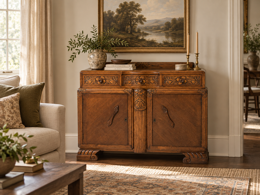 Vintage Tudor Revival Carved Oak Buffet Server / Sideboard