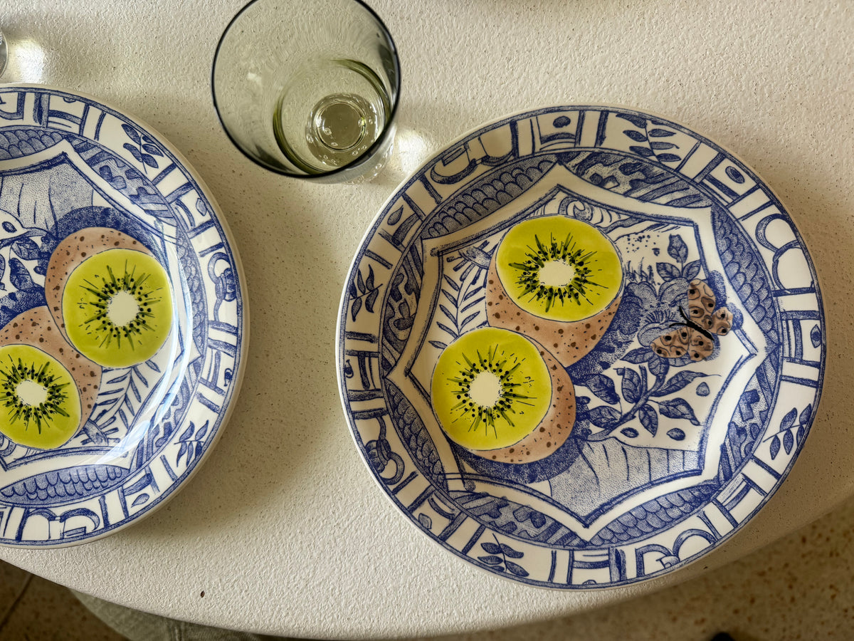 1970s Faïencerie de Gien Oiseau Bleu Fruit Plates — Kiwi, Lemon & Fig