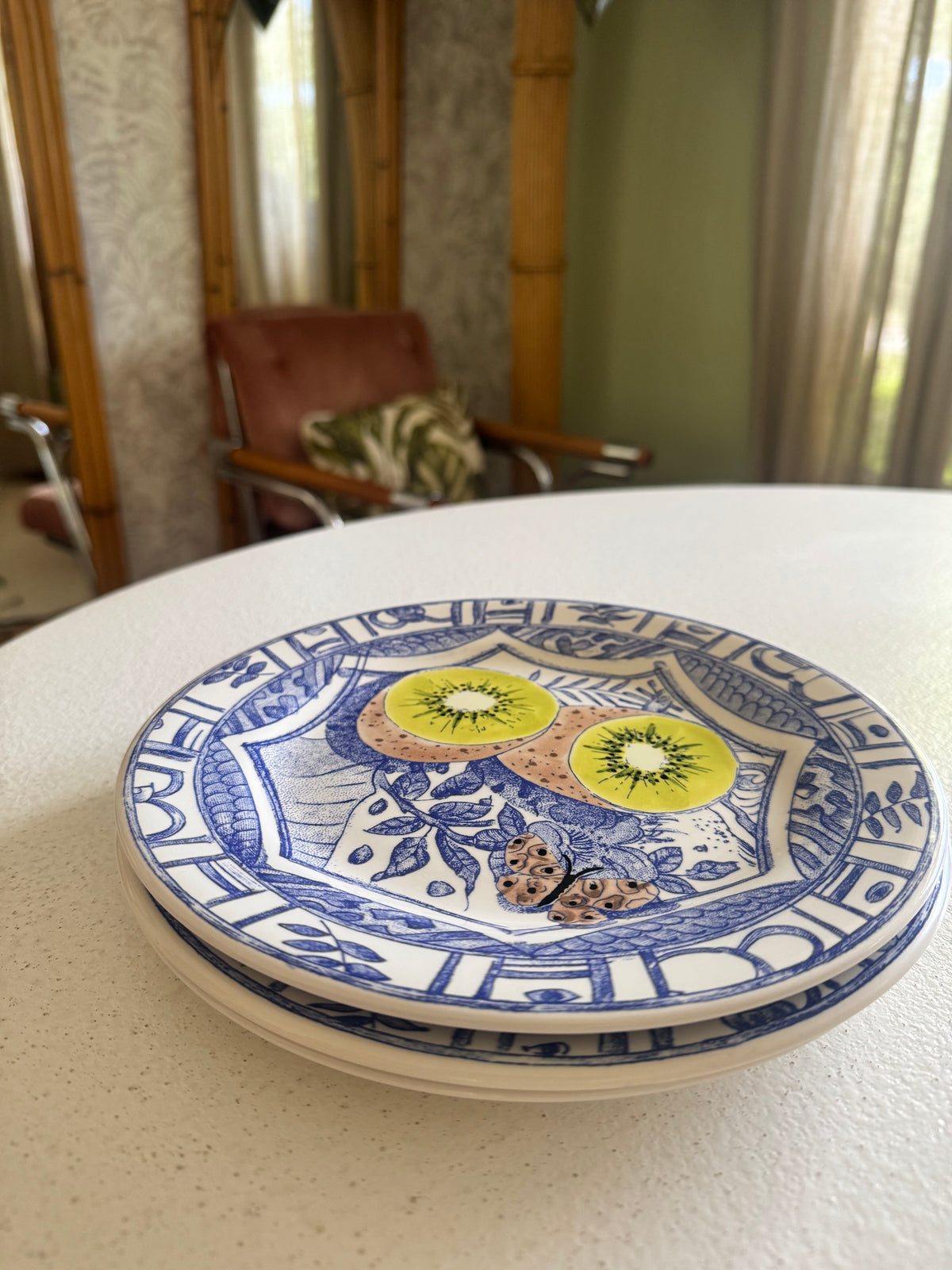 1970s Faïencerie de Gien Oiseau Bleu Fruit Plates — Kiwi, Lemon & Fig