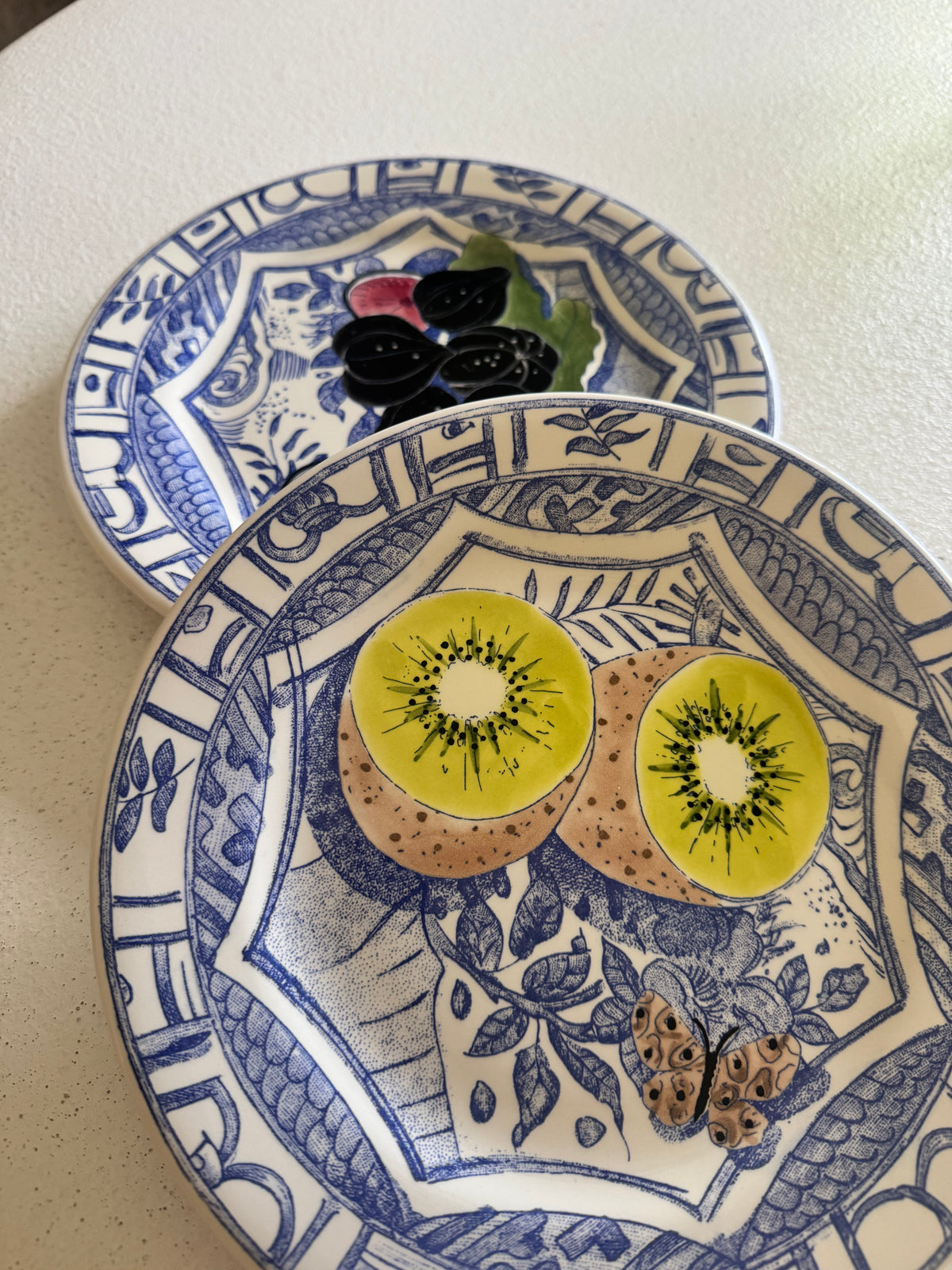 1970s Faïencerie de Gien Oiseau Bleu Fruit Plates — Kiwi, Lemon & Fig