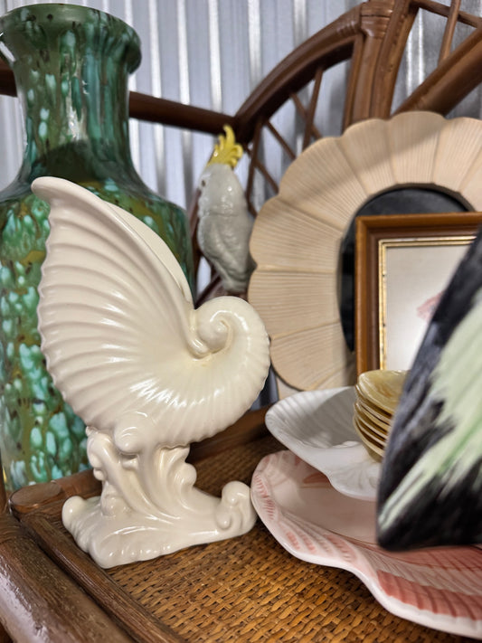 Vintage White Pearlescent Ceramic Cornucopia Shell Vase