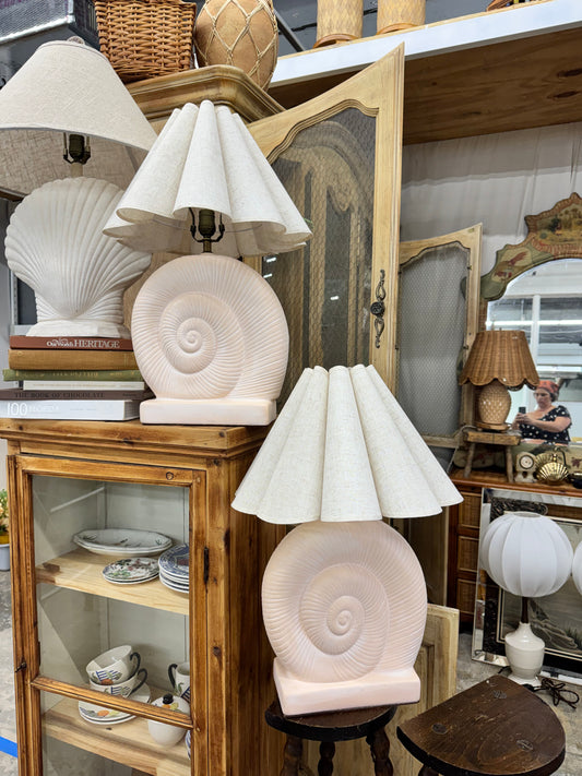 Pair of vintage ceramic nautilus shell table lamps with custom shades