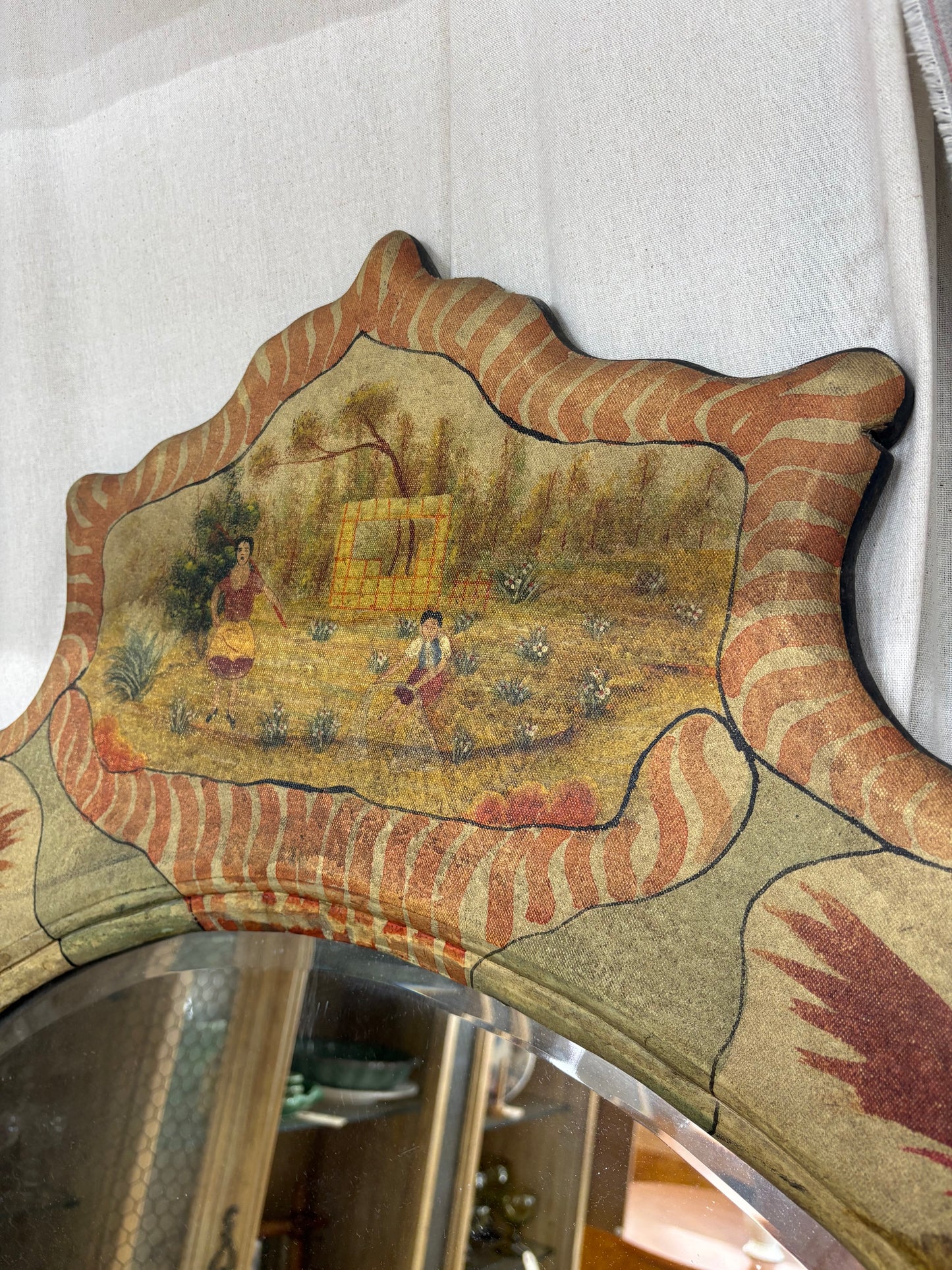 Large Vintage Hand-Painted Chinoiserie Canvas Mirror, 1970s–1980s