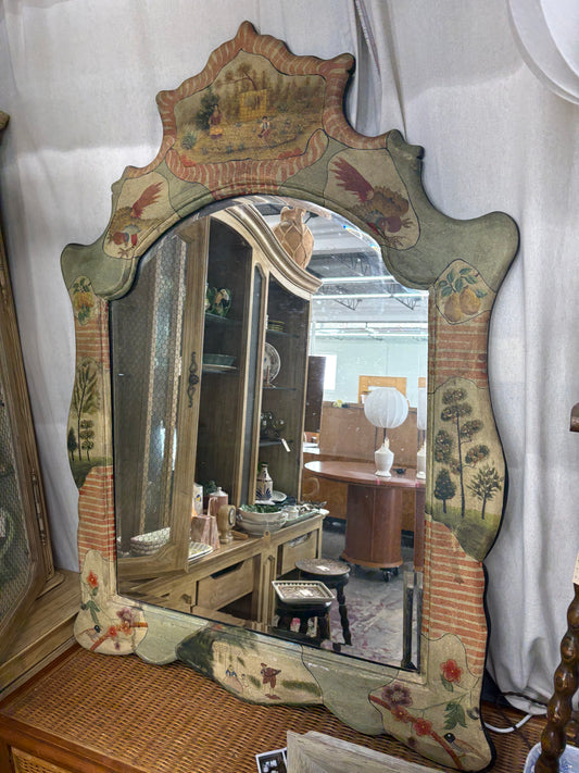 Large vintage hand-painted Chinoiserie canvas mirror with beveled glass and olive green painted frame, circa 1970s–1980s
