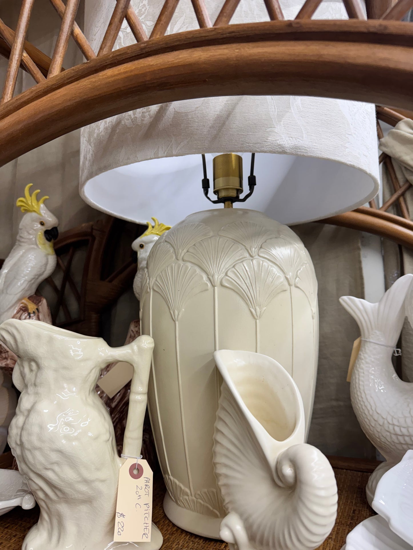 La Buenavista - Vintage White Art Deco Ceramic Lamp with Custom Peacock Shade