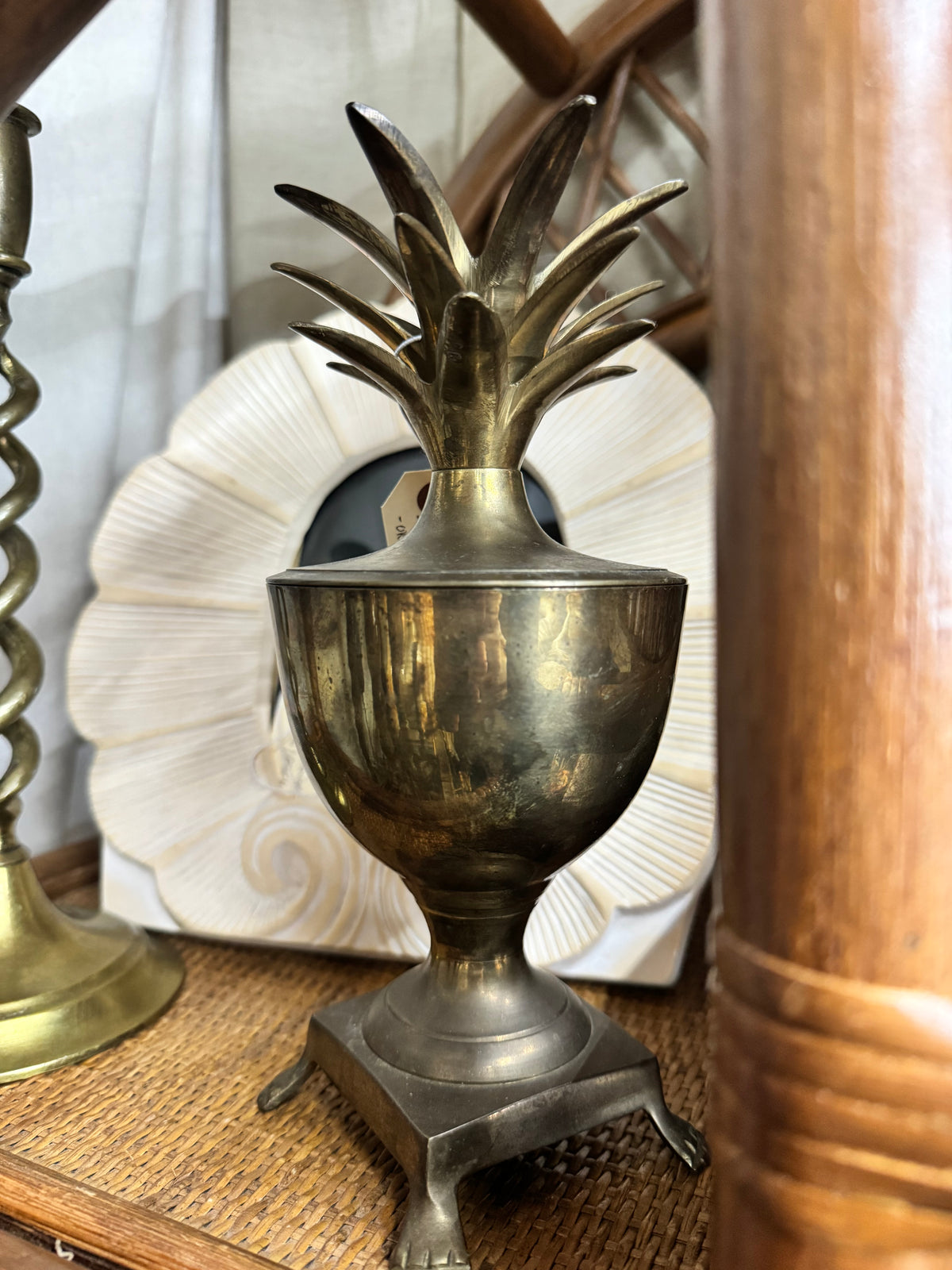 Vintage Brass Pineapple Lidded Urn on Paw Feet, c. 1970s