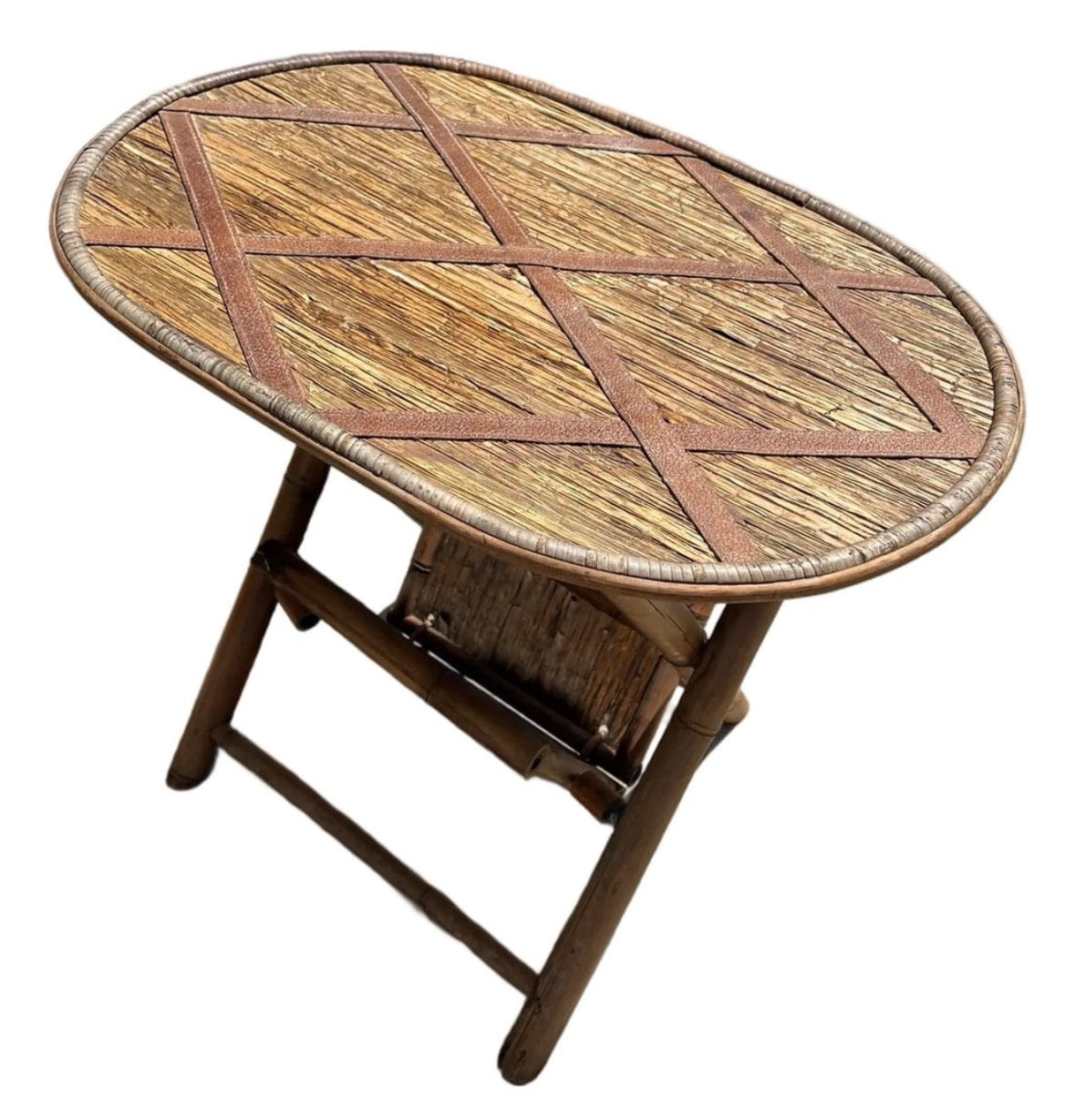 1970s Vintage Oval Wicker & Wood Folding Side Table