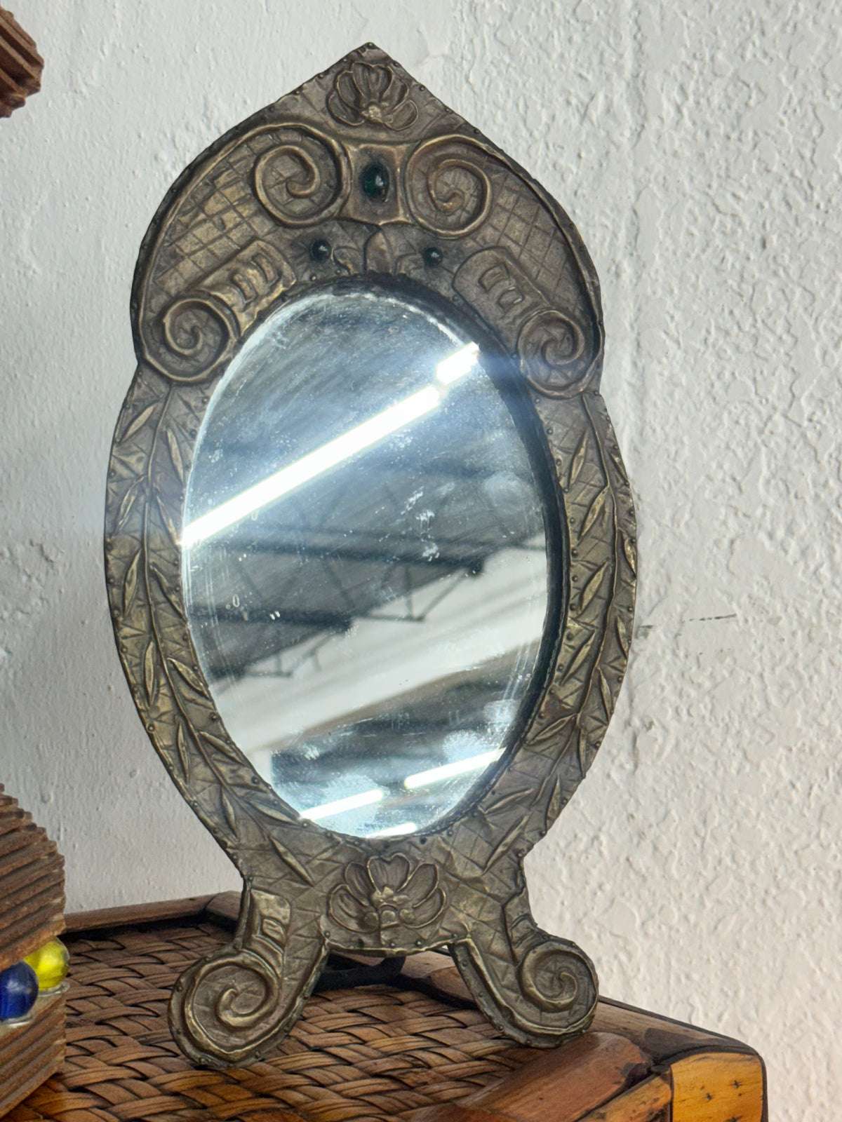 Antique French Repoussé Metal Table Mirror with Green Glass Accents, c. 1900–1930