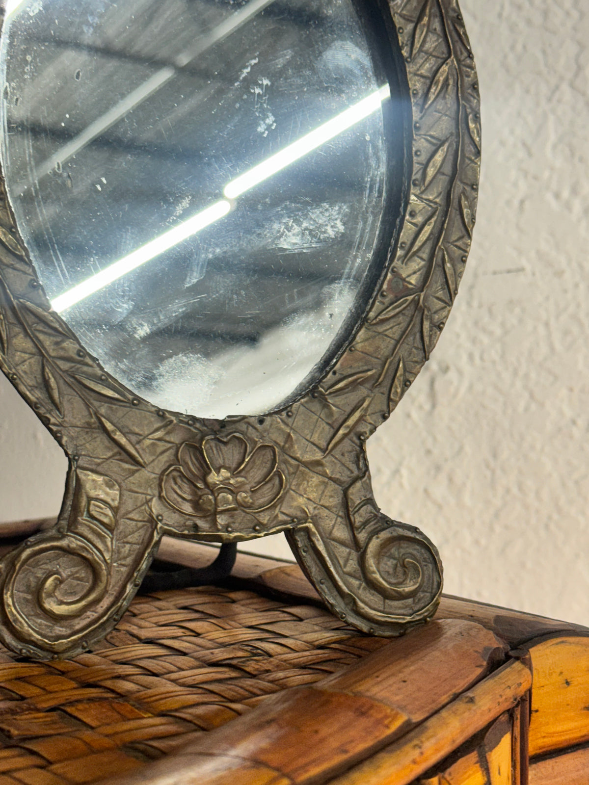 Antique French Repoussé Metal Table Mirror with Green Glass Accents, c. 1900–1930