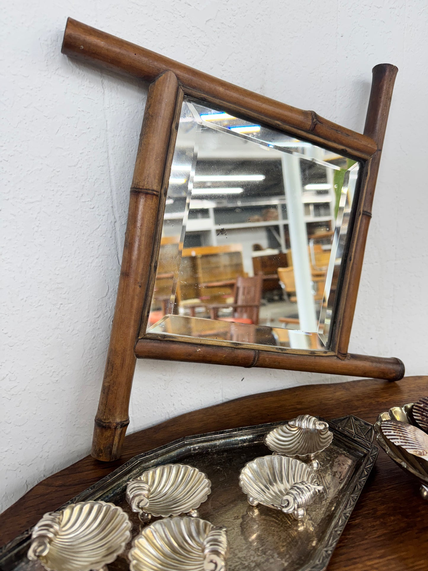 Vintage French Petite Faux Bamboo Beveled Wall Mirror