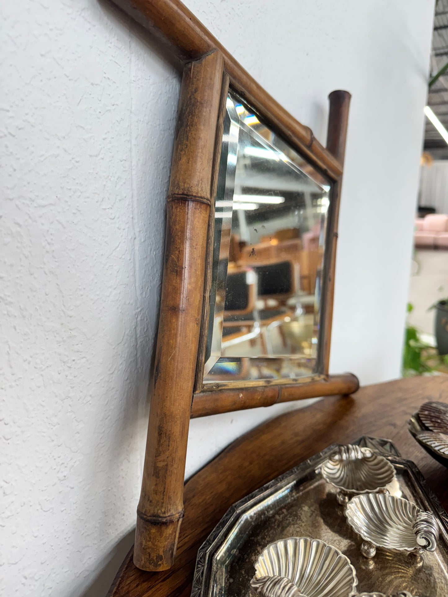 Vintage French Petite Faux Bamboo Beveled Wall Mirror