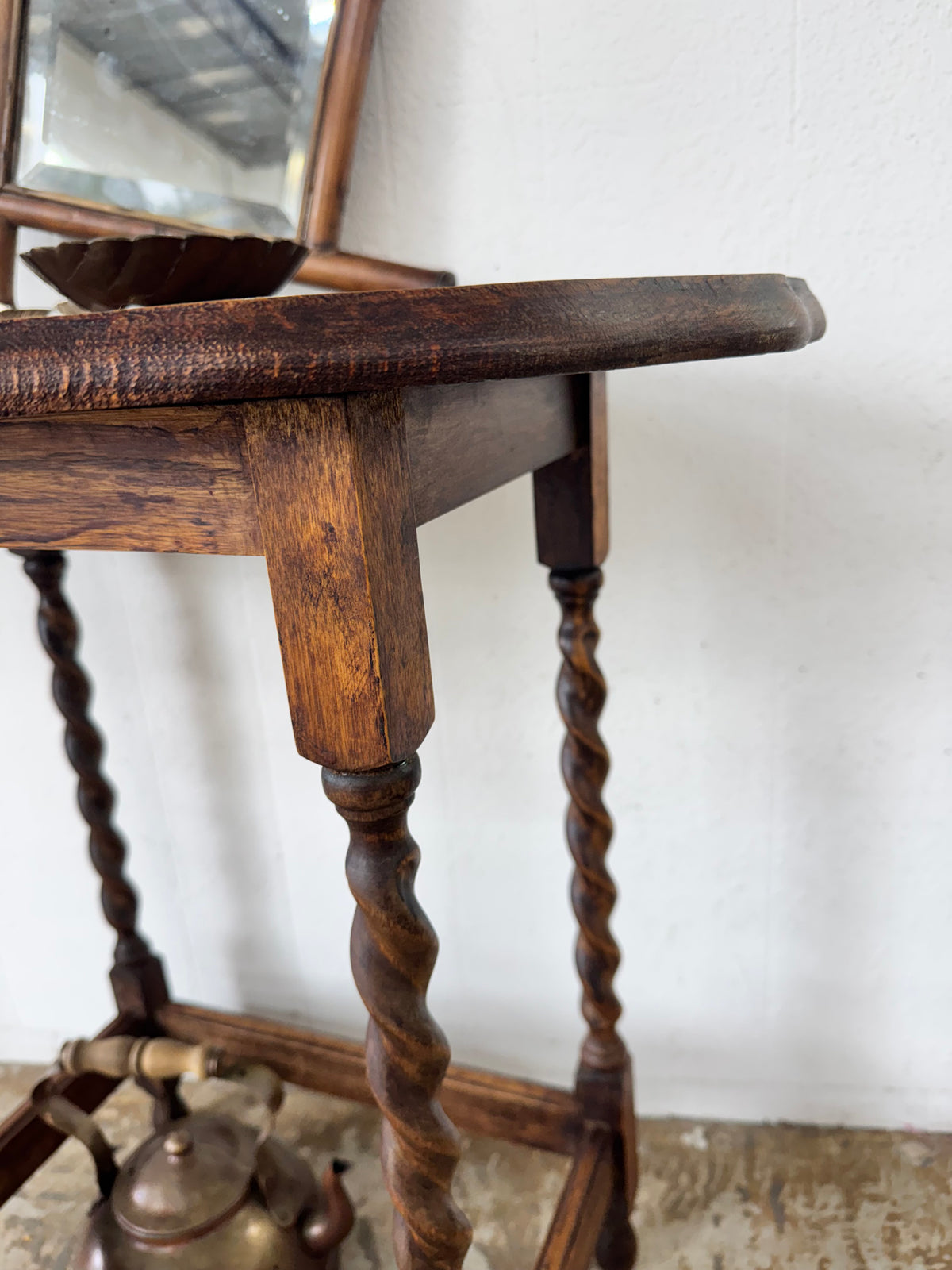 Antique English Barley-Twist Side Table with Scalloped Top, c. 1900
