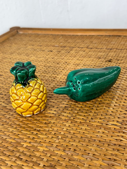 Vintage French Majolica Pineapple & Green Pepper Salt + Pepper Shakers — Pair