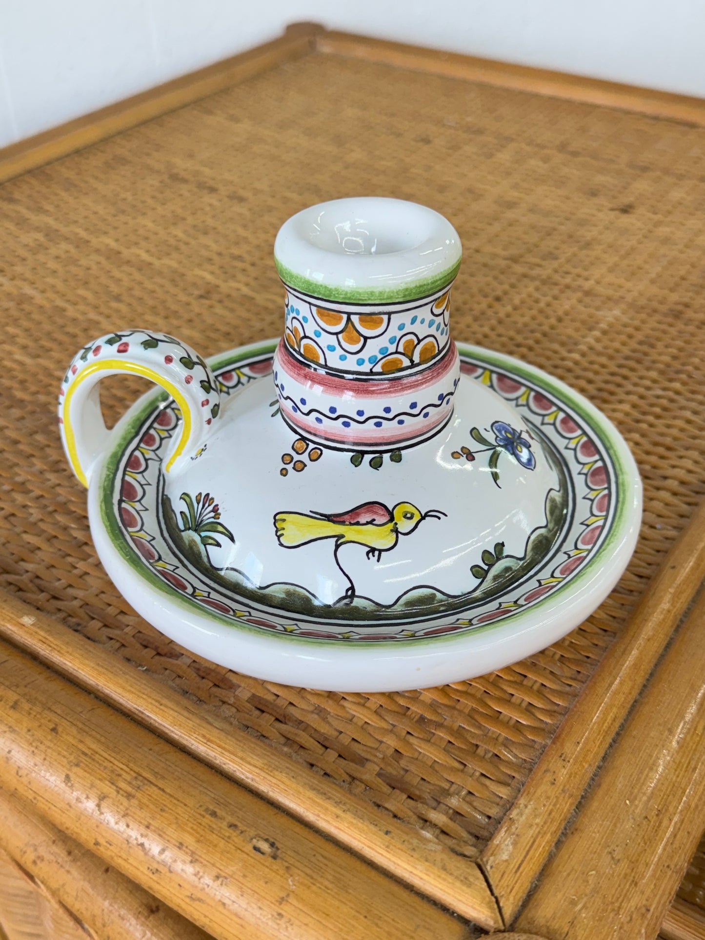 Vintage Portuguese Hand-Painted Ceramic Chamber Candlestick — Sec. XVII Revival