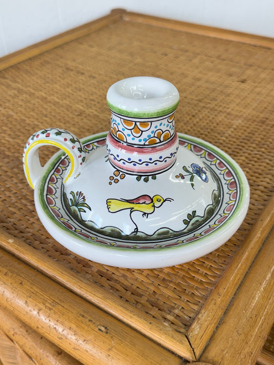 Vintage Portuguese Hand-Painted Ceramic Chamber Candlestick — Sec. XVII Revival