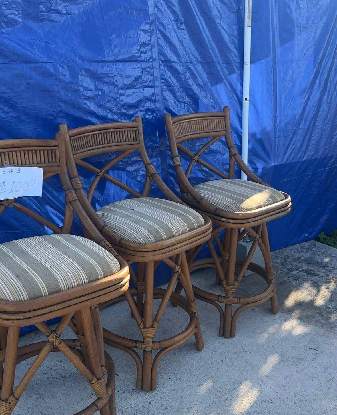 1960s X-Back Bamboo Swivel Counter Stools — Set of 3
