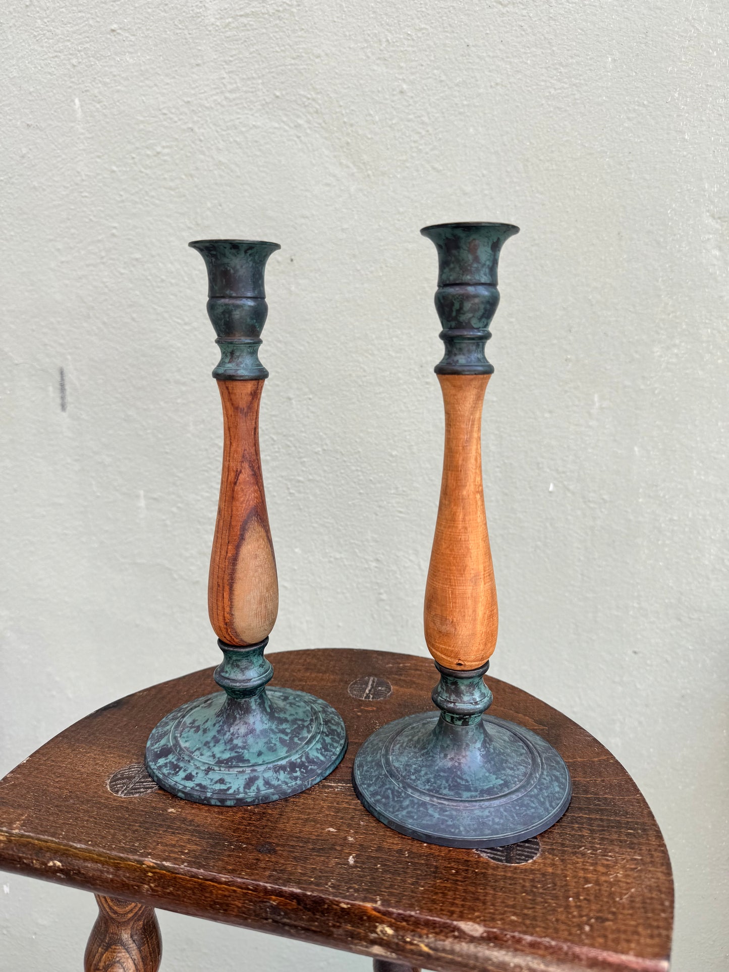 Vintage Scandinavian Wood & Verdigris Candlesticks — Pair