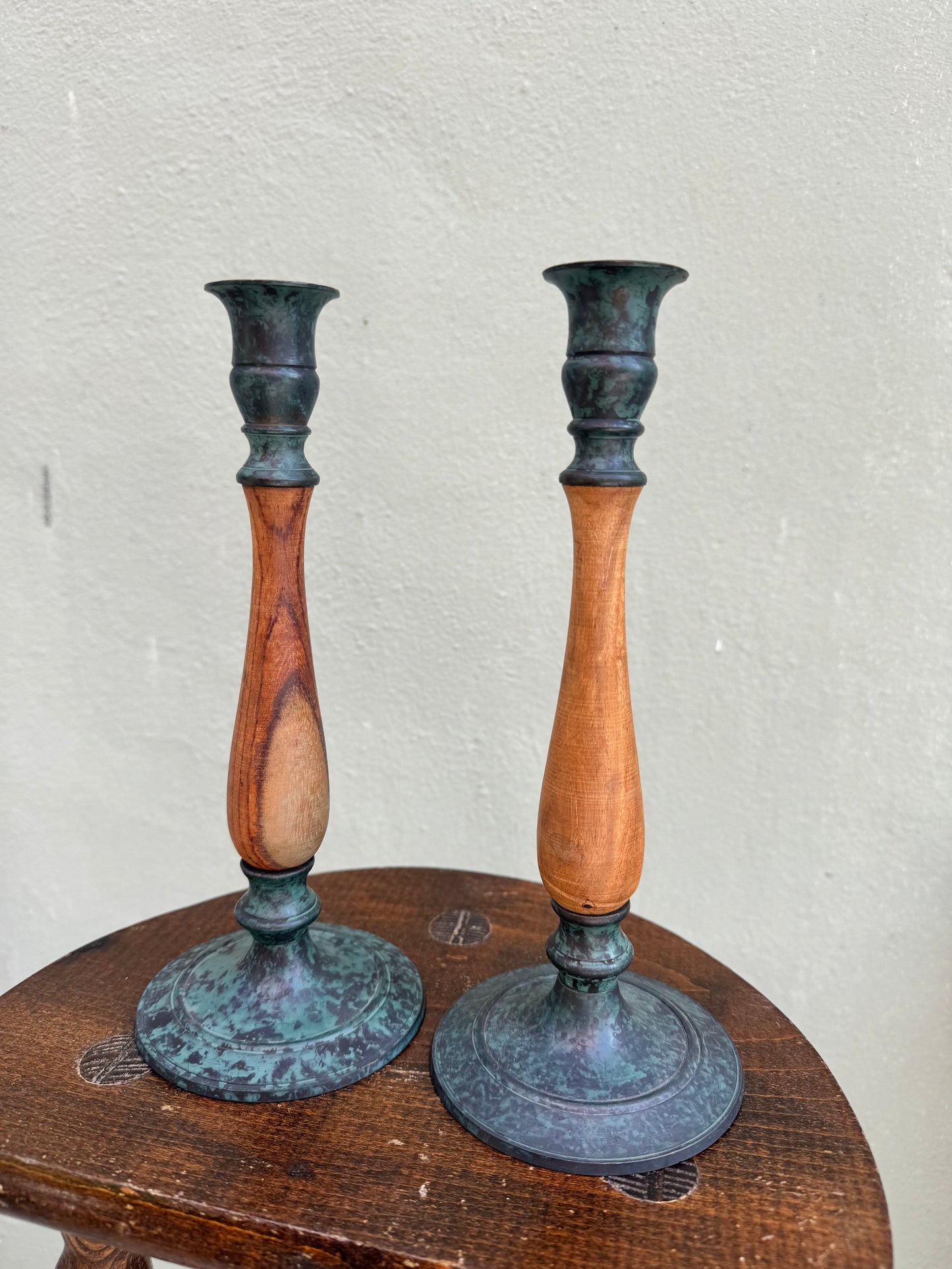 Vintage Scandinavian Wood & Verdigris Candlesticks — Pair
