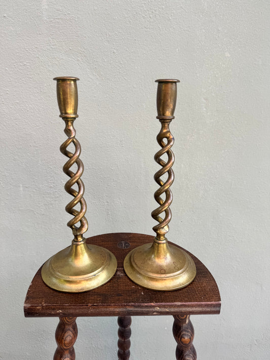 Antique English 19th-Century Brass Baluster Candlesticks — Pair