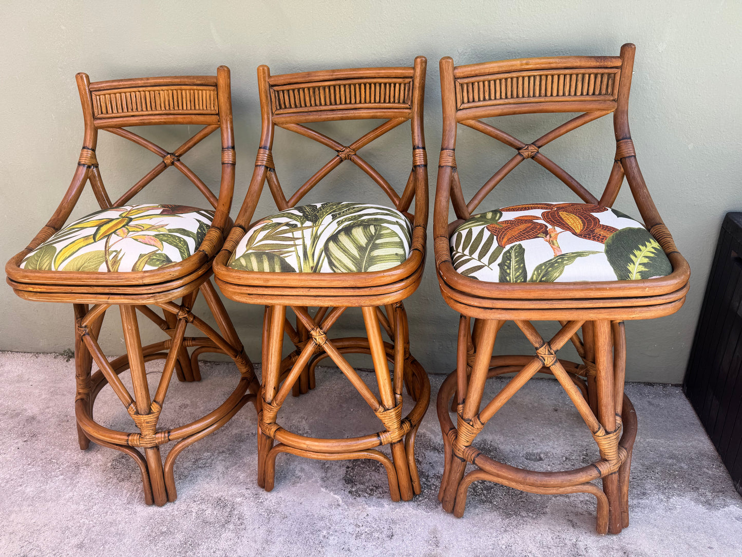 1960s X-Back Bamboo Swivel Counter Stools — Set of 3