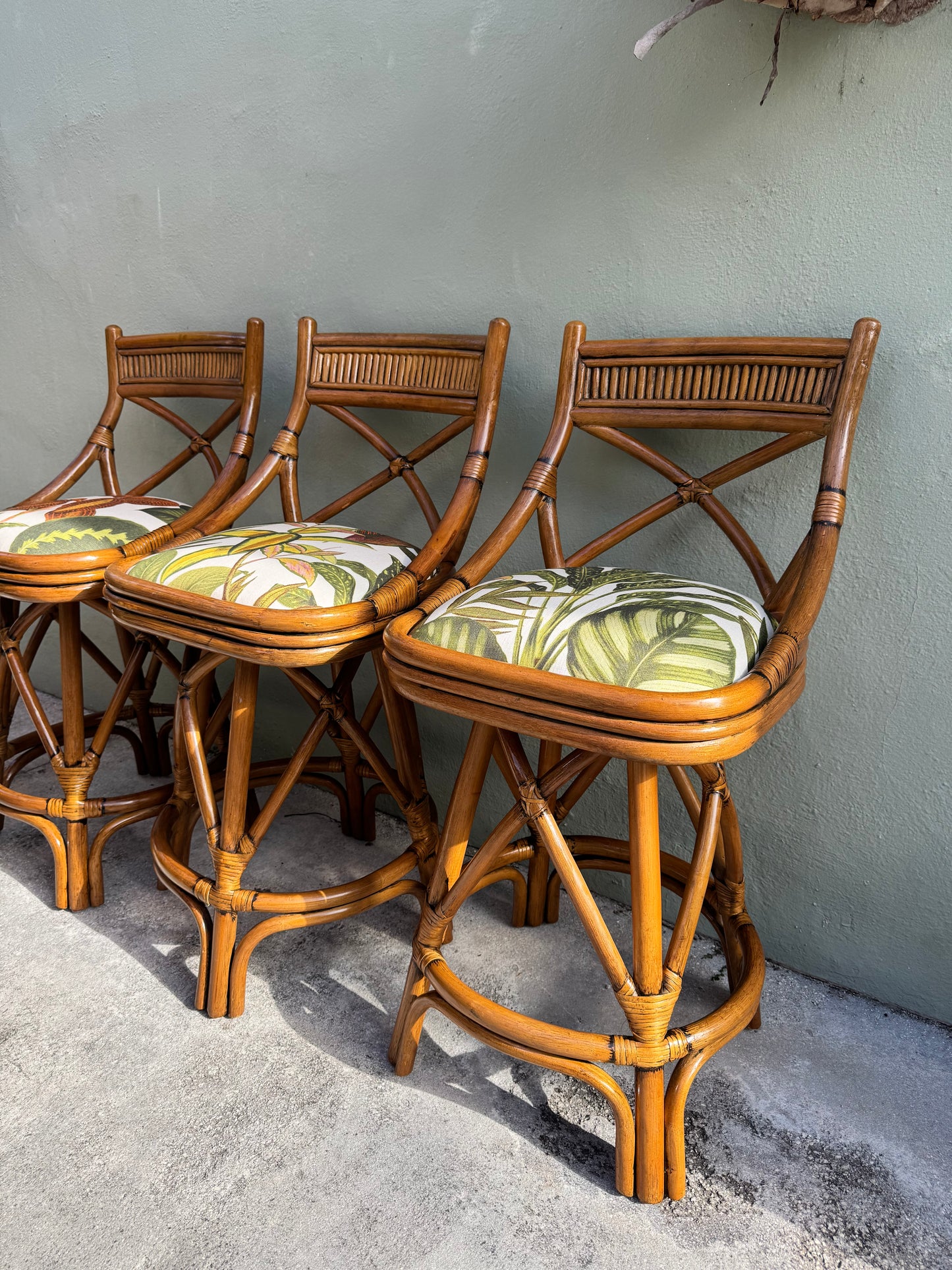 1960s X-Back Bamboo Swivel Counter Stools — Set of 3