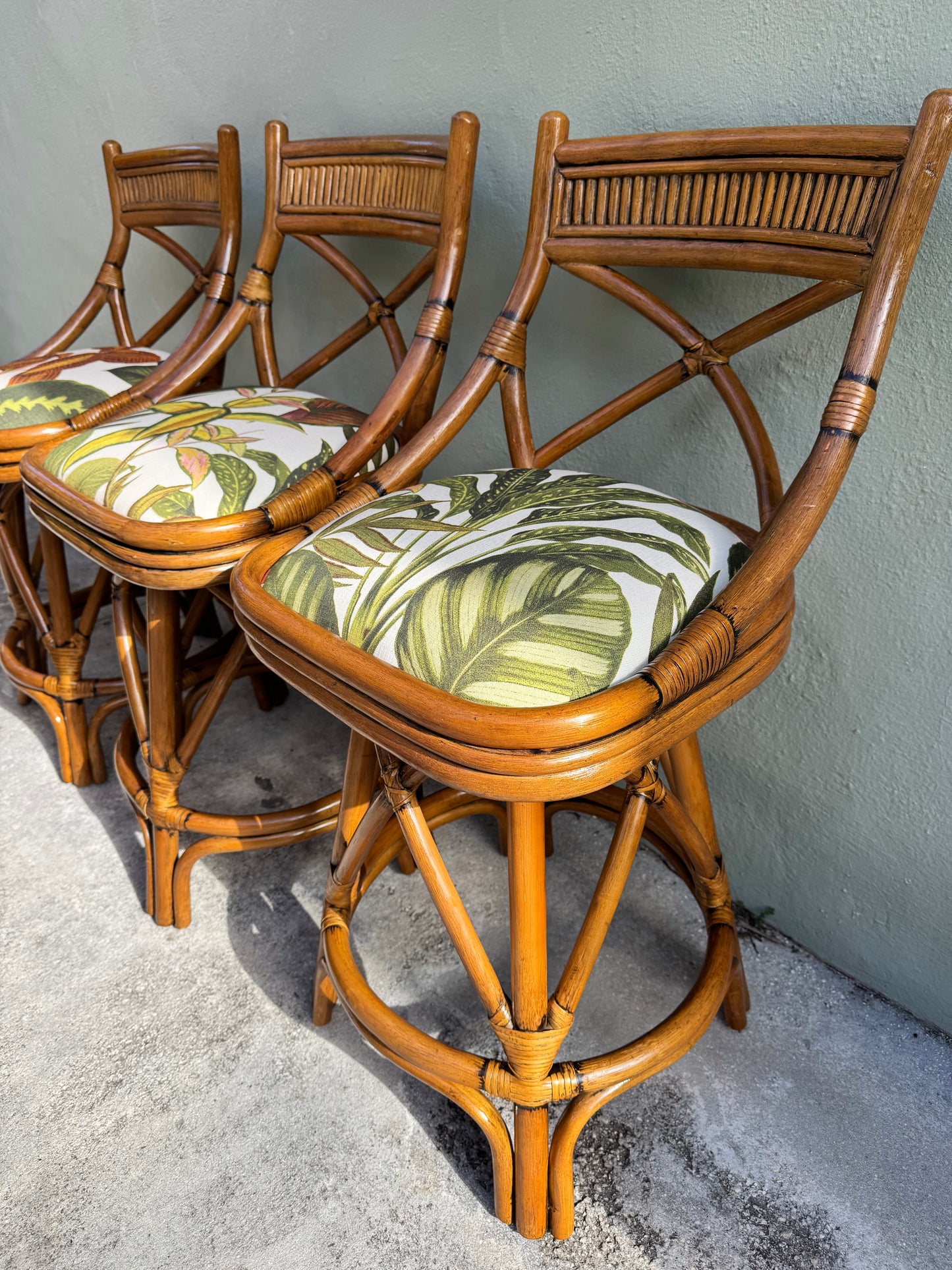 1960s X-Back Bamboo Swivel Counter Stools — Set of 3